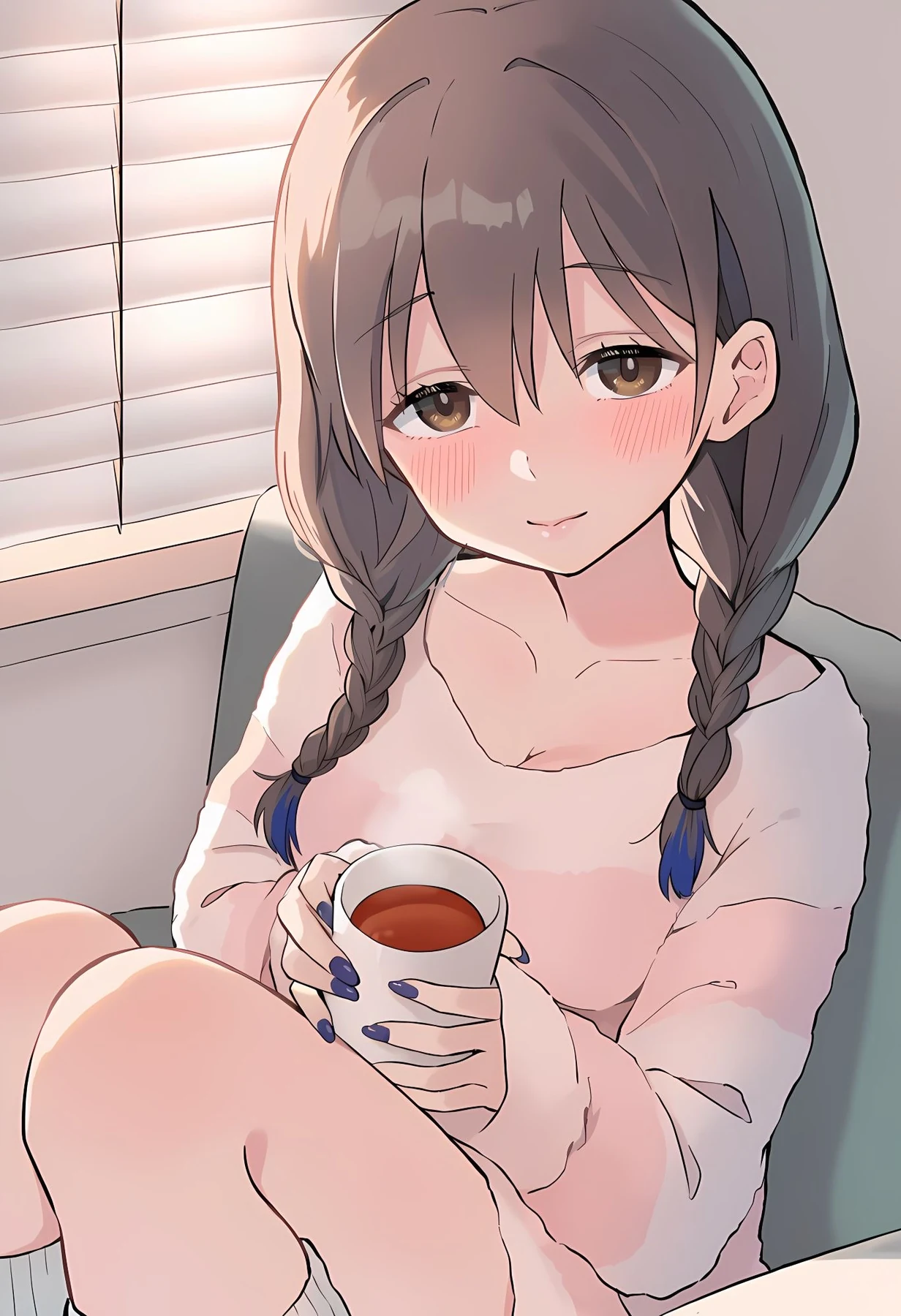 温かいお茶を両手で持つ白波愛子